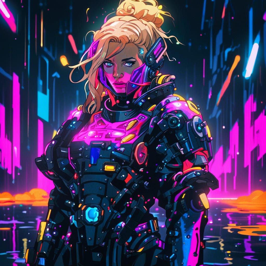 Cyberpunk Neon Portrait of Armored Woman on Tank