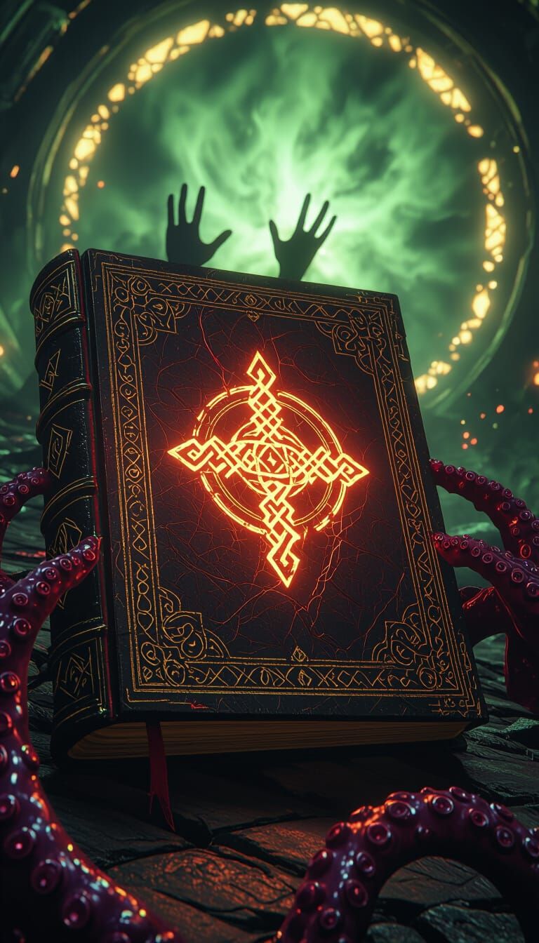 Ancient Grimoire with Runic Symbol and Lovecraftian Portal