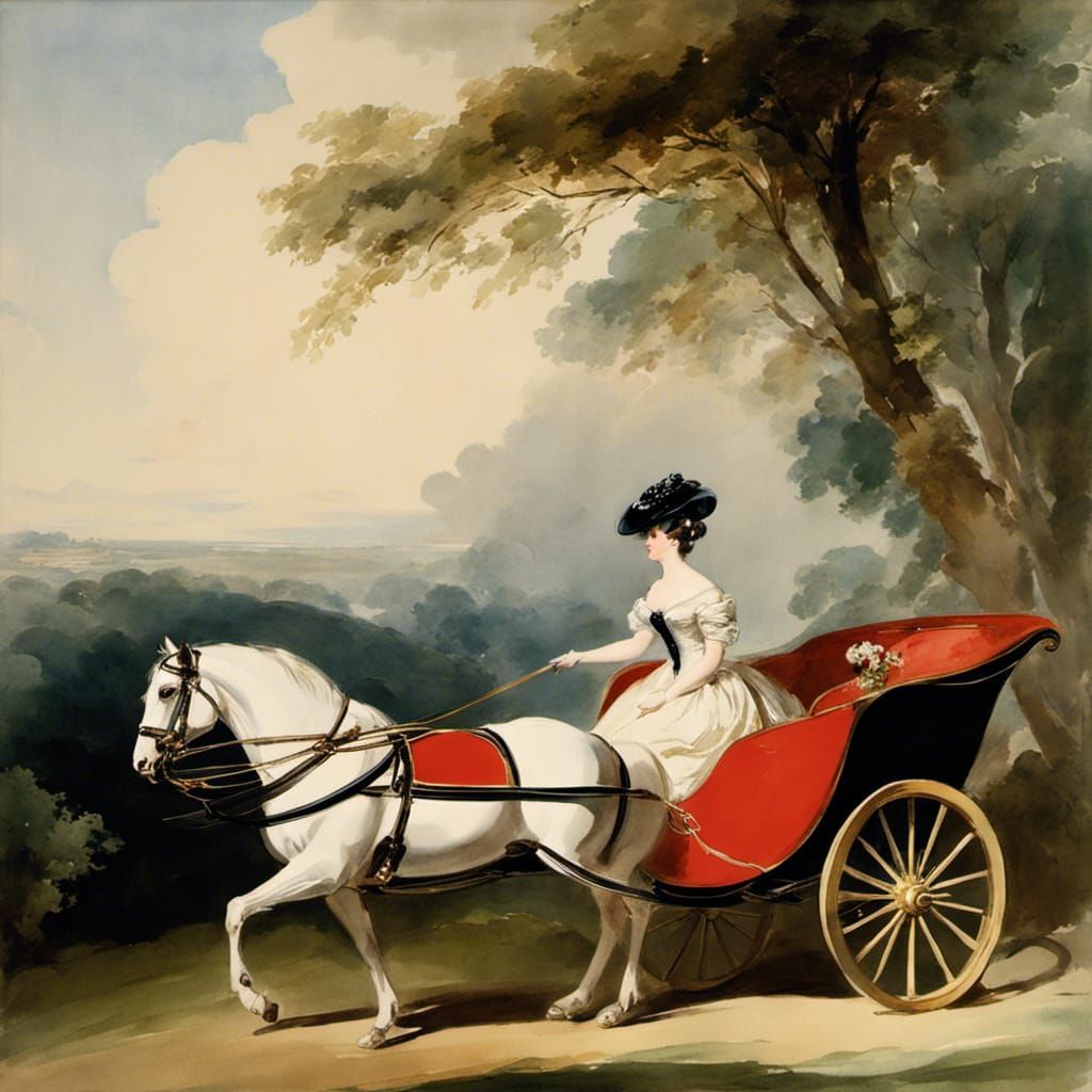 Regency Lady in Carriage, Watercolor Style