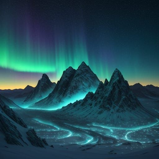 Surreal Nighttime Scene of Snow-Covered Mountains in a Cyber...