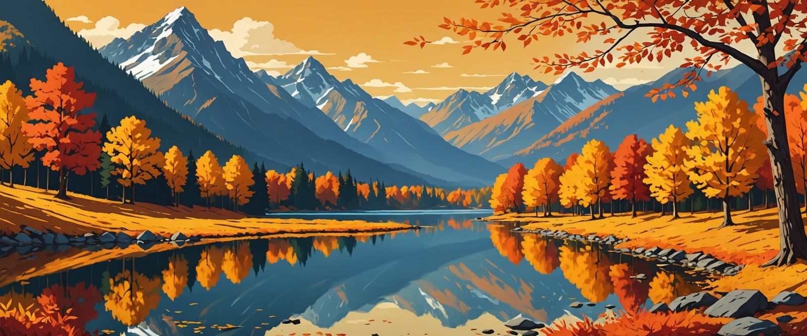 Vibrant Autumn Landscape Painting with Mountain and Lake