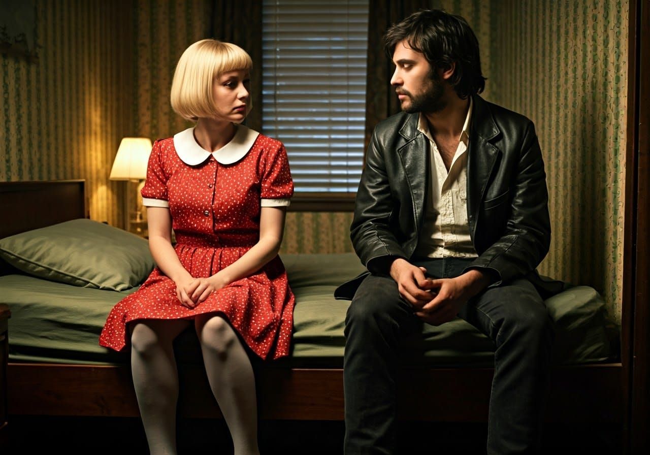 Woman and Young Man in Vintage Motel Room, Cinematic Still i...