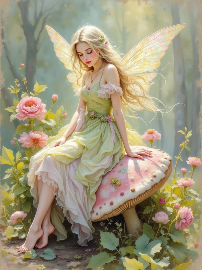 Pastel Fairy on Toadstool in Ethereal Style