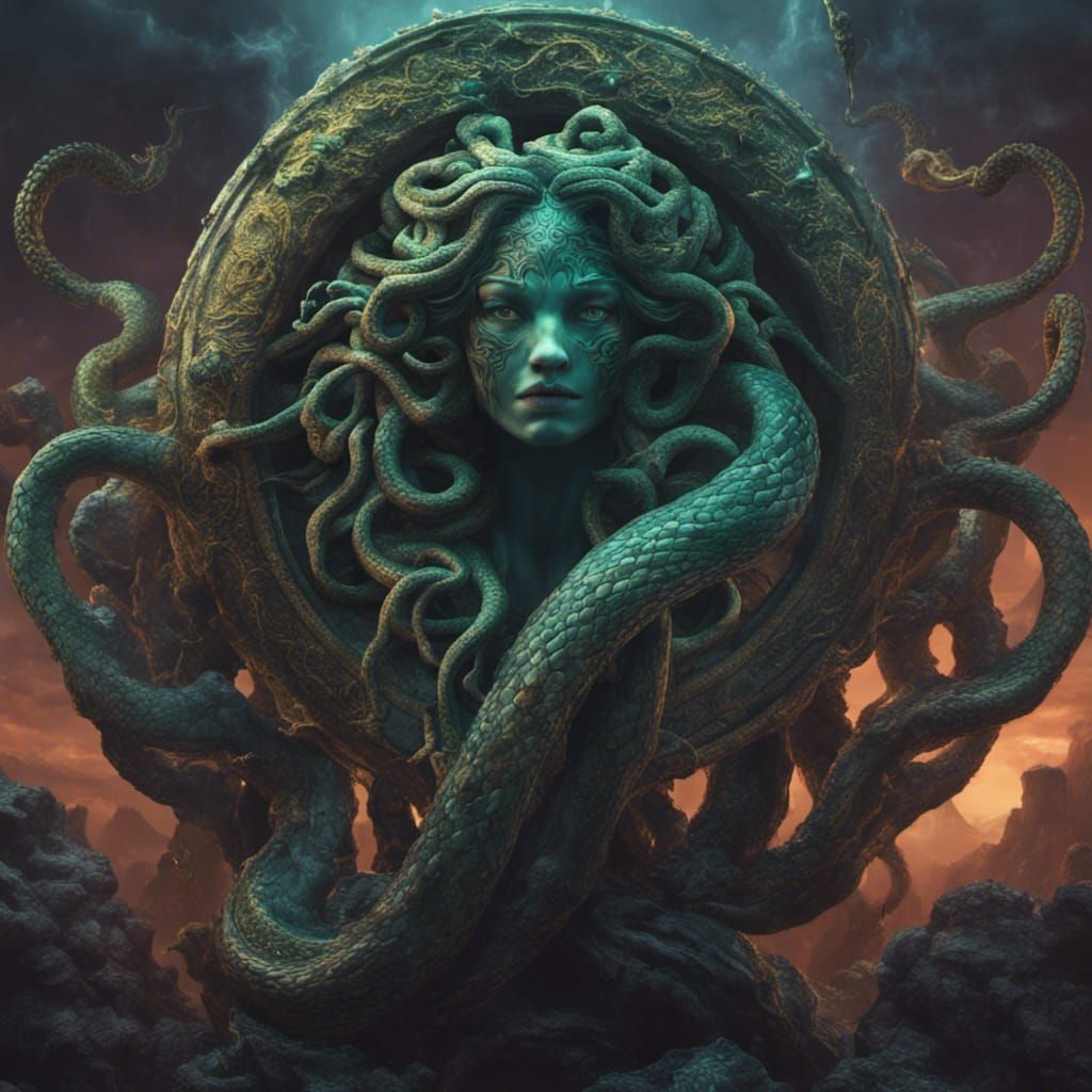 Serpentine Medusa: Detailed Matte Painting in Deep Color