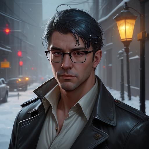 1950s Detective in Snowy Street, Hyperrealistic Style