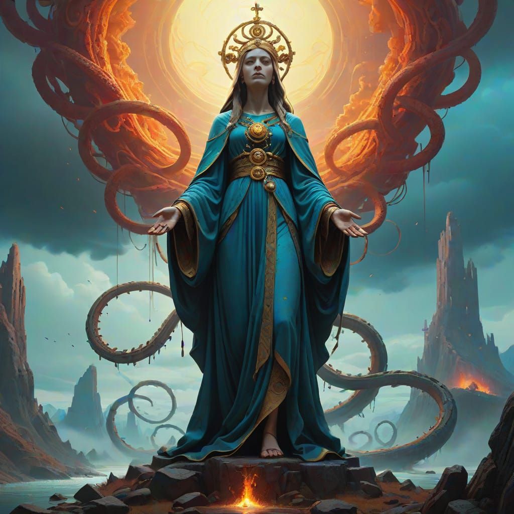 Regal Goddess Triumphs Over Serpent in Vibrant, Divine Splen...