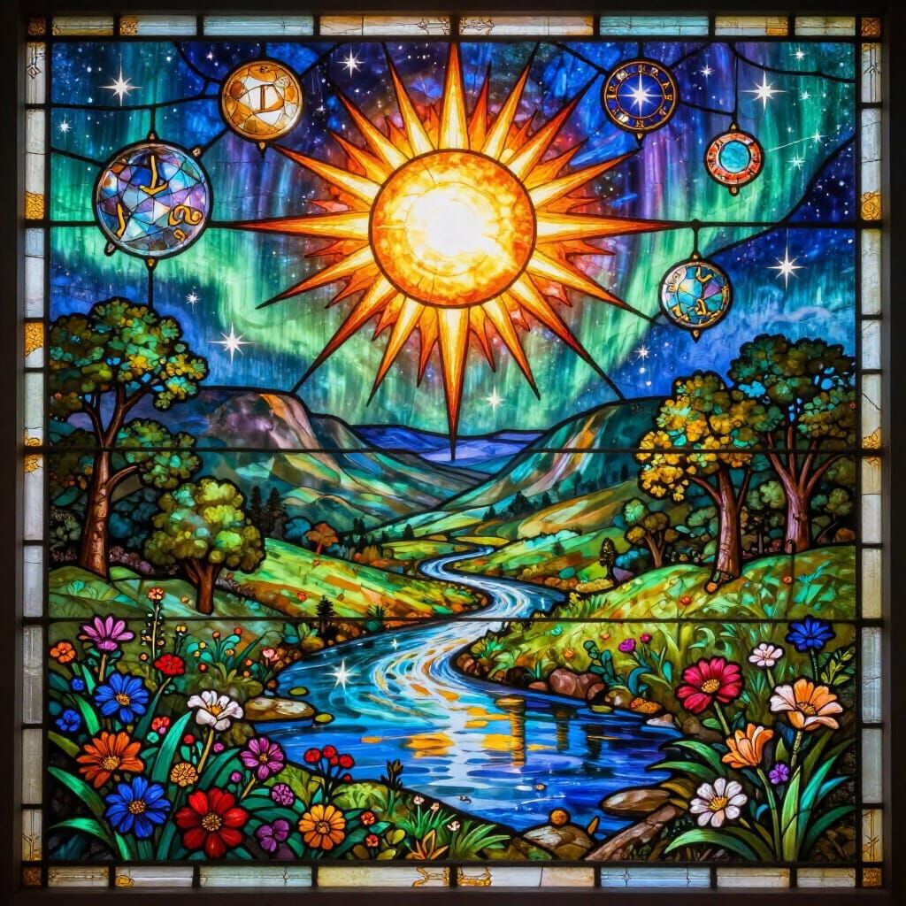 Stained Glass Valley Under Eclipsed Sun with Aurora