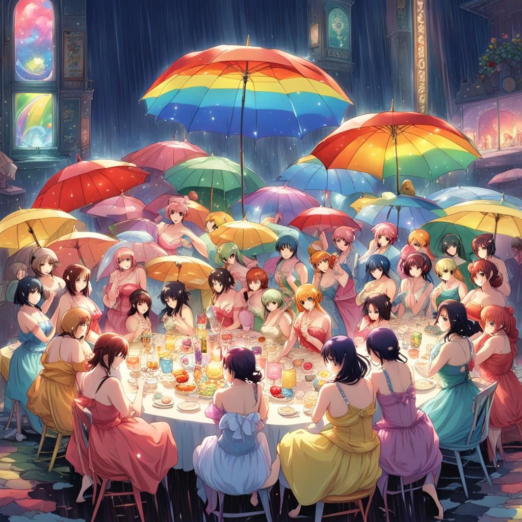 Rainbow Satin Nightgowns in Anime Art Style