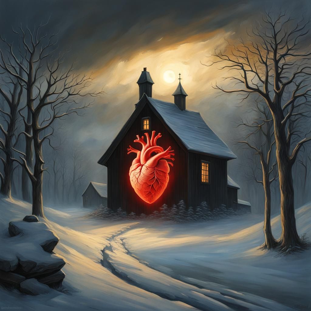 Ominous Heart in Winter Landscape: A Romantic Horror Paintin...