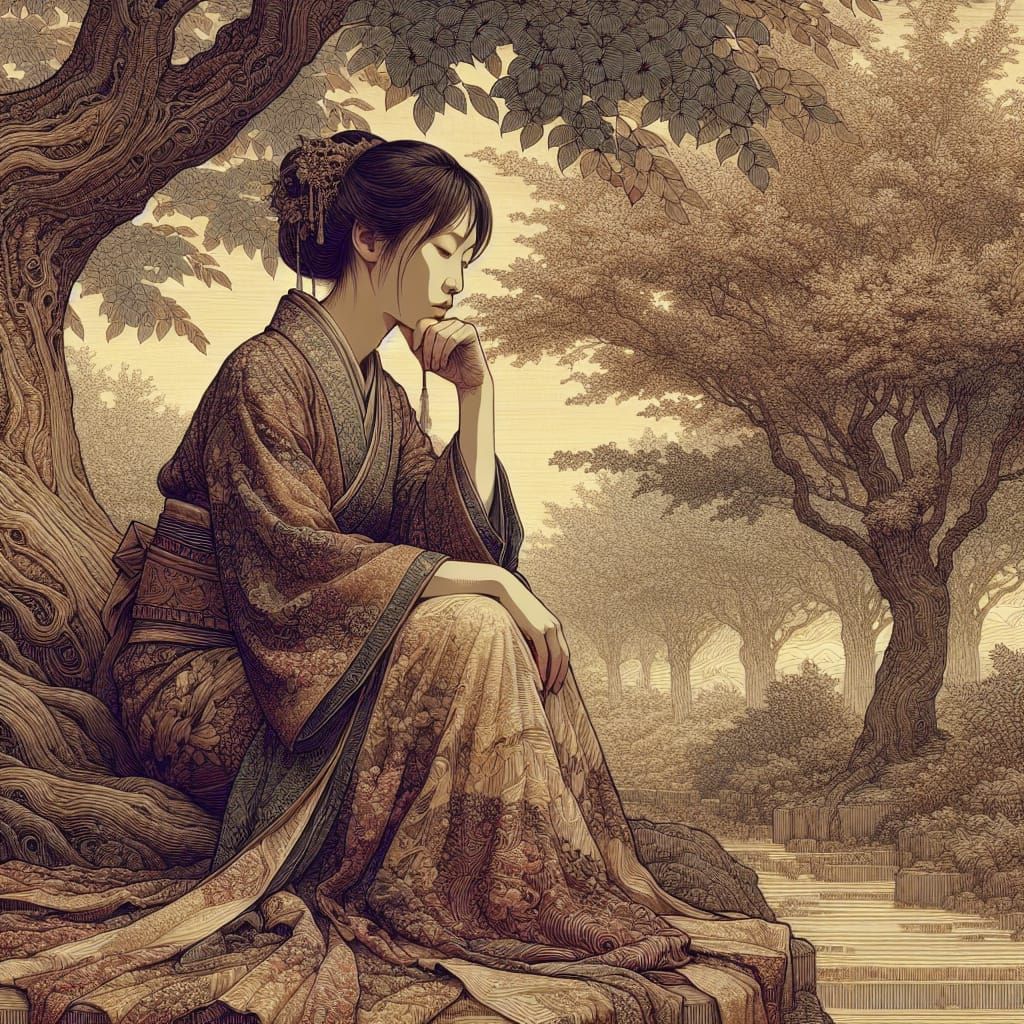 Romantic East Asian Concept Art of Contemplative Woman in Pa...
