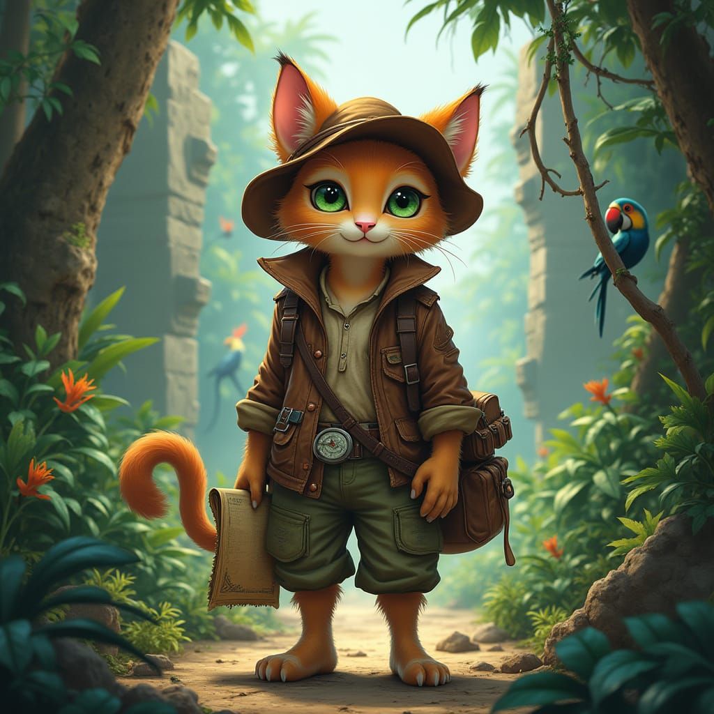 Cat Explorer in Jungle Ruins: Cinematic Fantasy