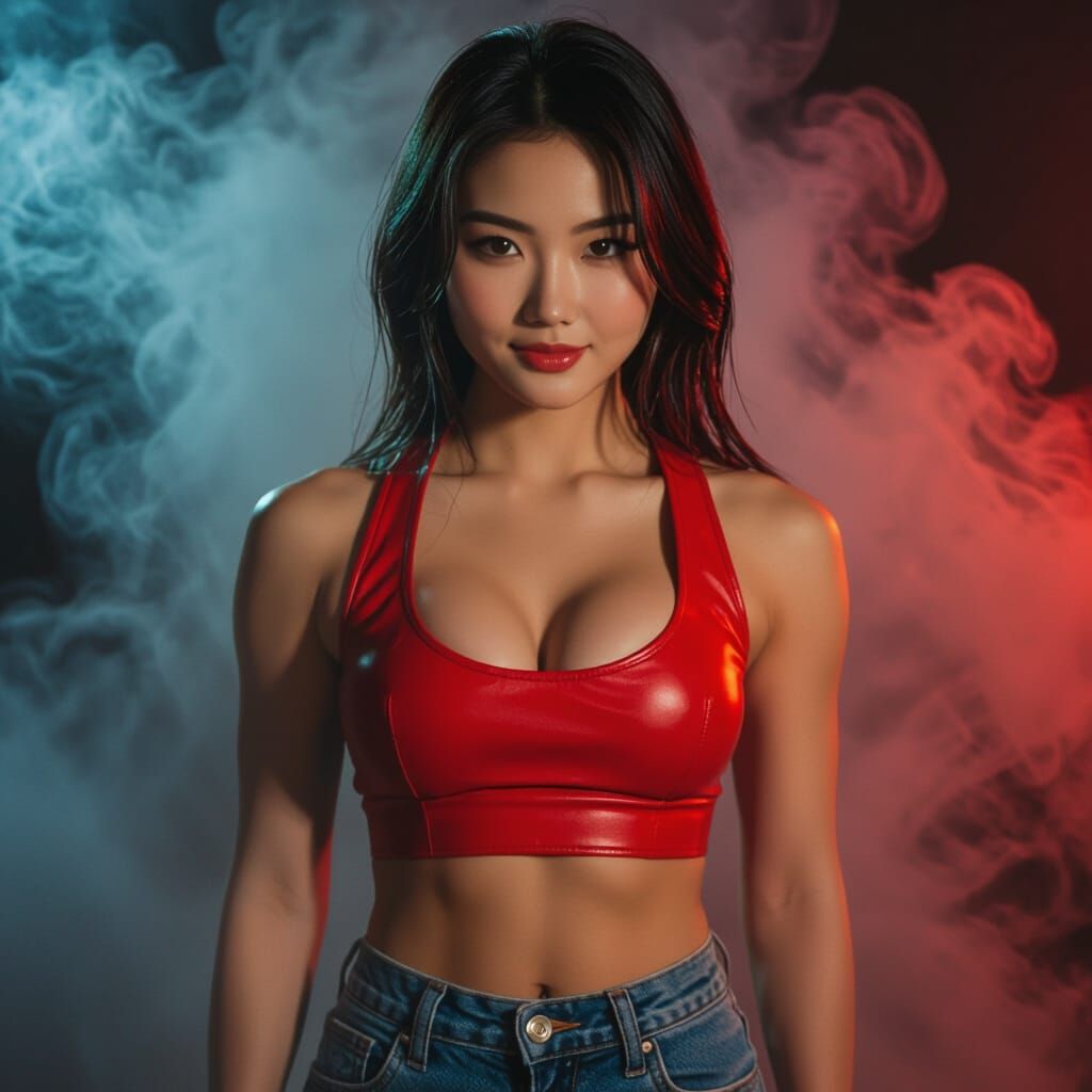 Cinematic Asian Muscle Girl in Smokey Atmosphere