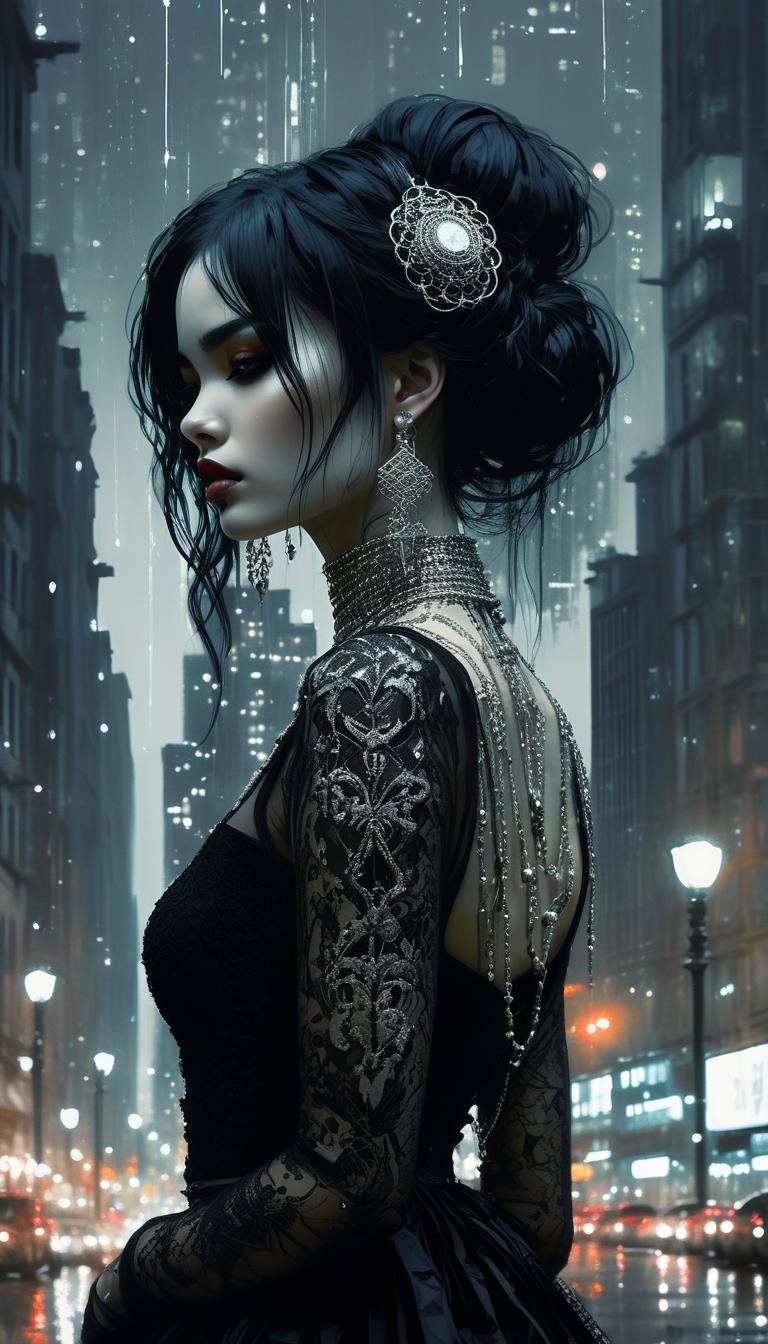Gothic Girl in City, Dark Romanticism Style