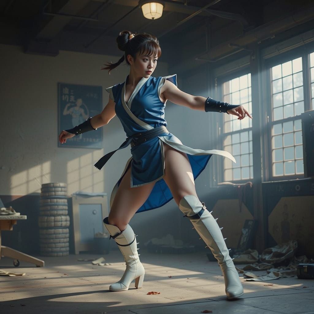 Chun Li's Gravity-Defying Kick: Hyperrealistic Action Shot