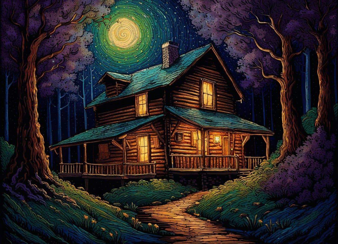 Cozy Cabin in Mountain Woods: Dreamy Digital Art