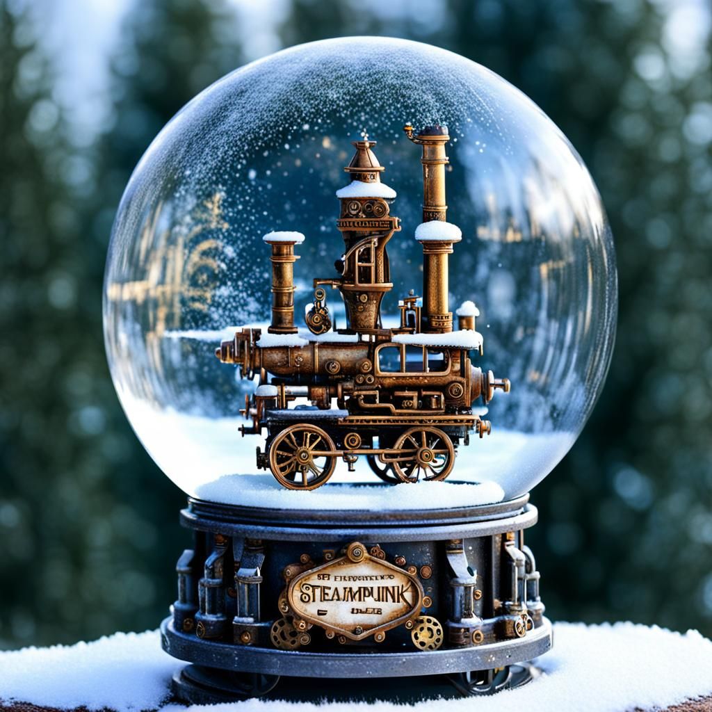 Ballerina and Steampunk Engine in Snow Globe