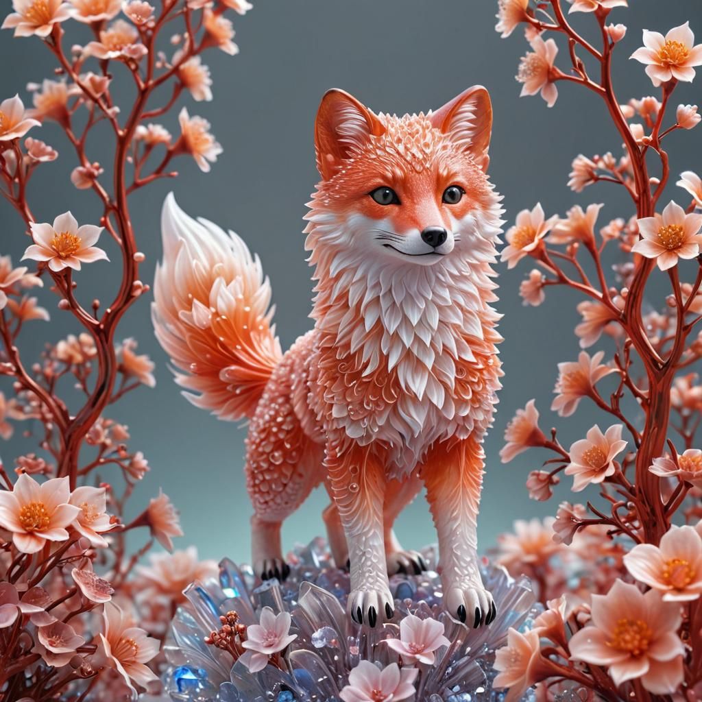 Crystalline Arctic Fox with Bioluminescent Flowers