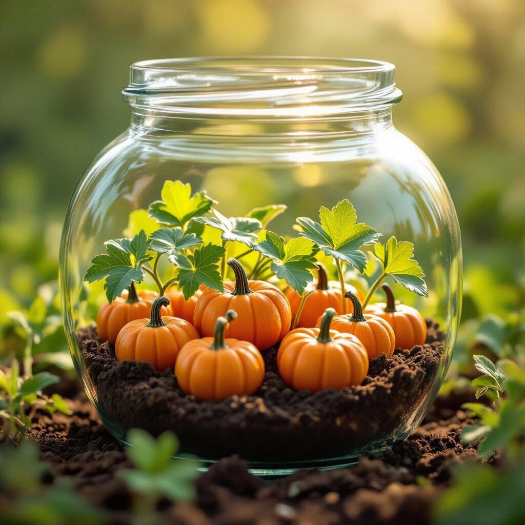 Whimsical Pumpkins Growing Inside a Glass Jar