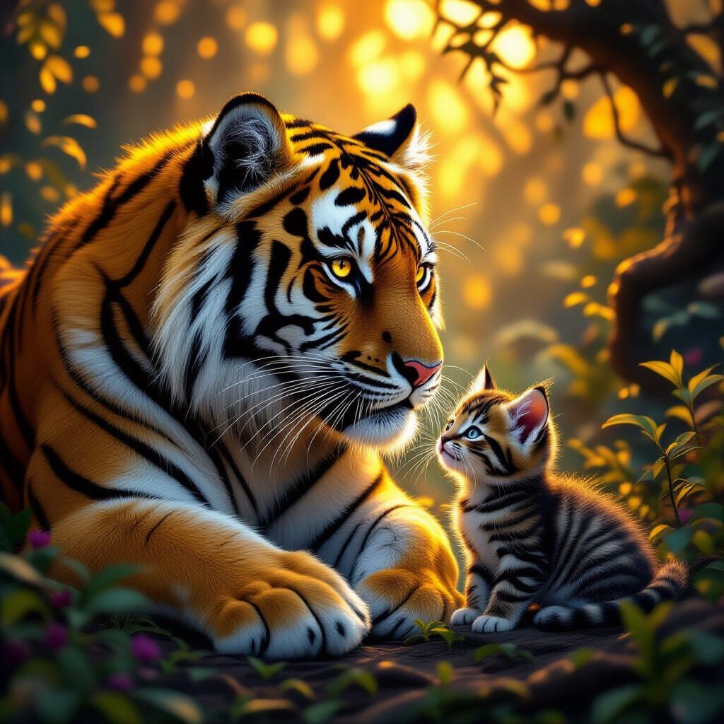 Tiger and Kitten in Mystical Dark Fantasy Realm