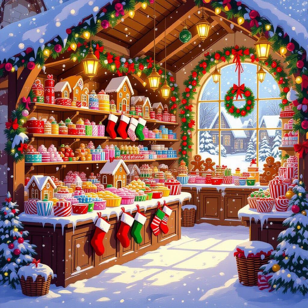 Whimsical Christmas Candy Shop Illustration
