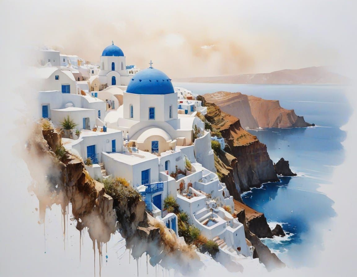 Santorini Watercolor Painting: Domes, Sea, and Cliffs