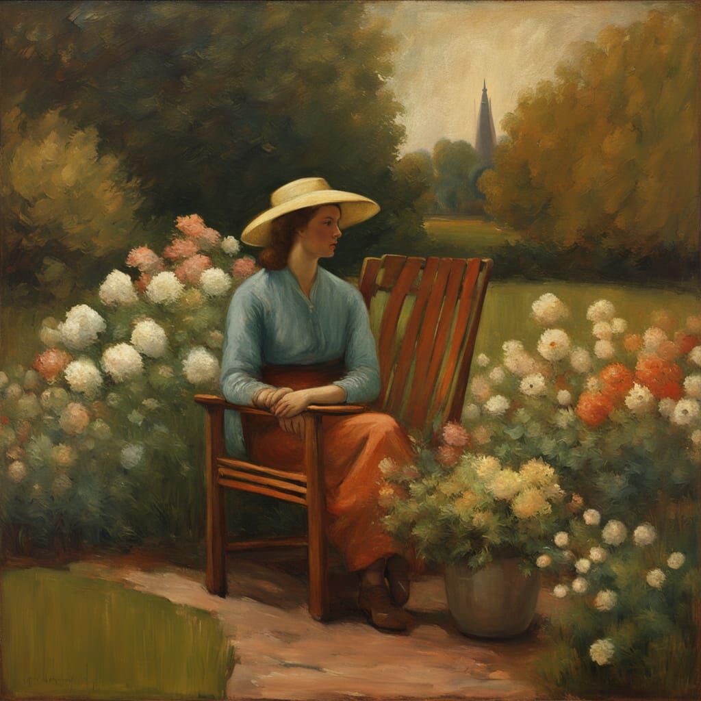 Woman in a Garden Chair with Rocket, Oil Painting in Impress...