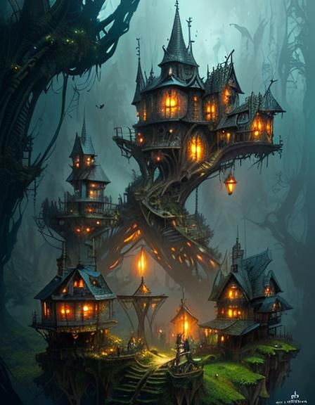 Whimsical Fairy Village Digital Matte Painting