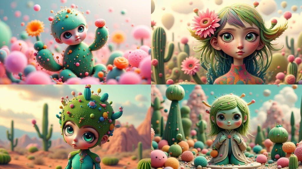 Surreal Kawaii Cactus Girl in Hyperrealistic CGI