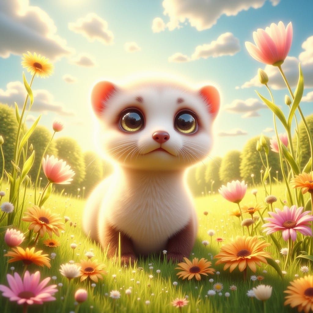 Ferret Frolicking in Meadow, Impressionistic Fantasy Art