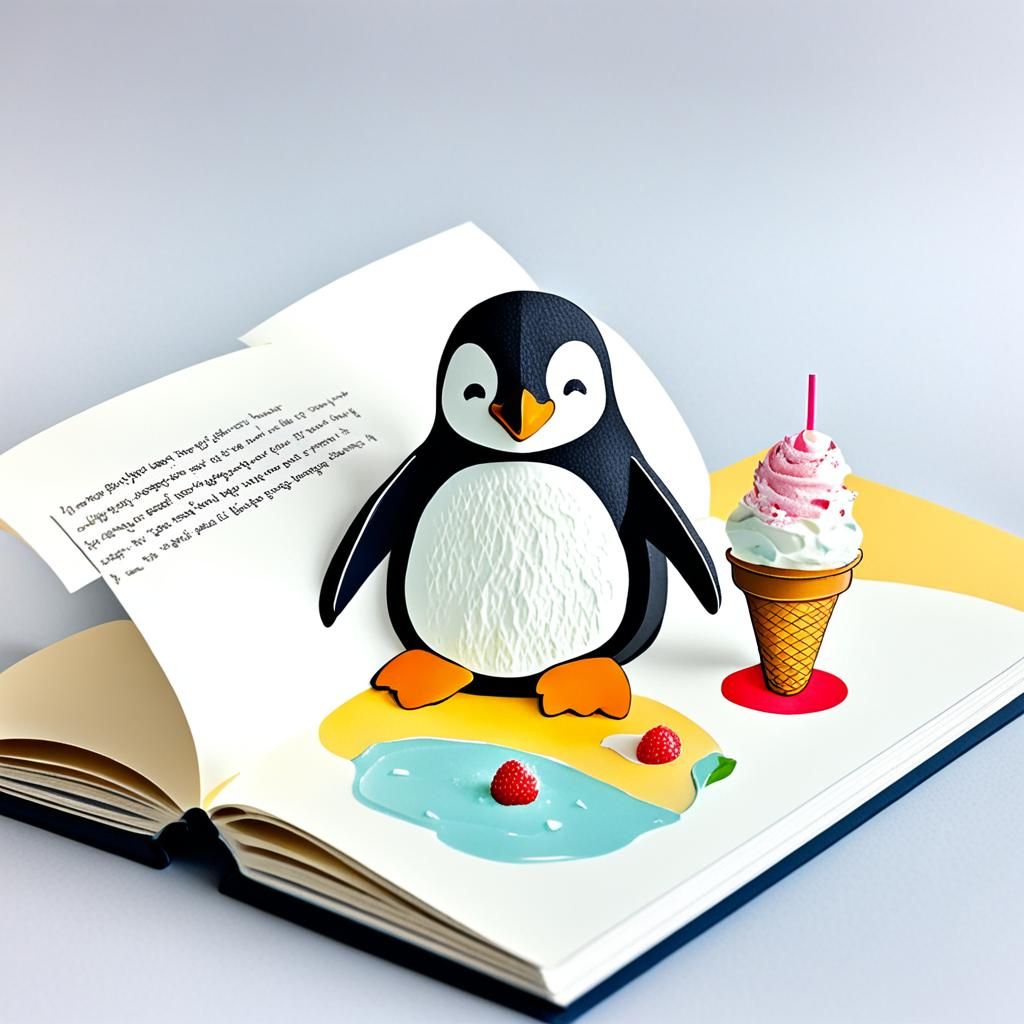 Penguin with Ice Cream in Pop-Up Book Style