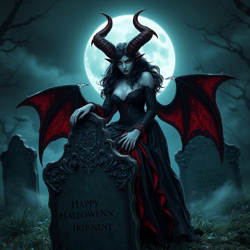 Mystical Demon Witch in Graveyard on Halloween Eve
