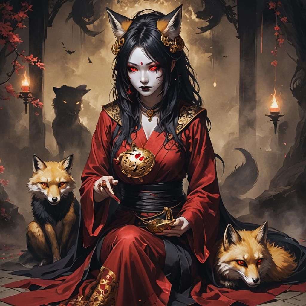 Gothic Goddess with Fox Mask in Japanese Nightscape