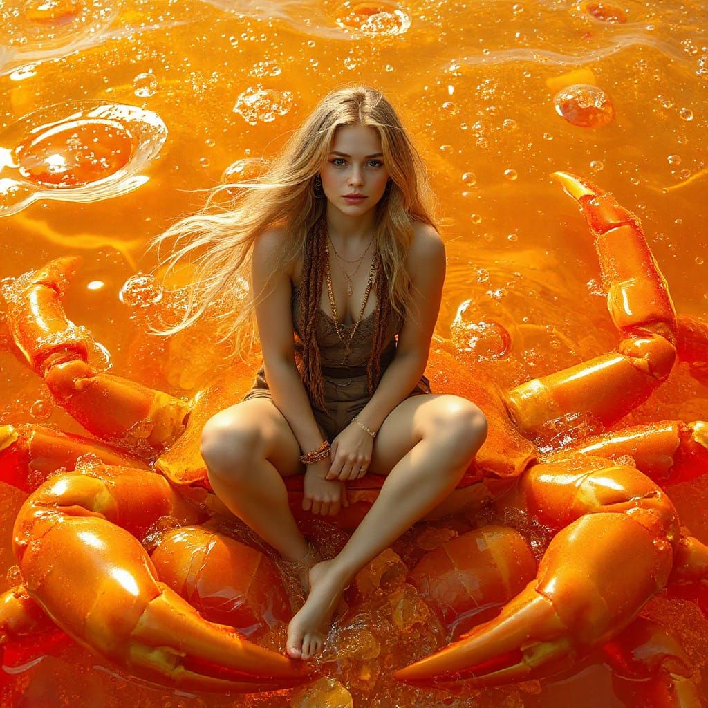 Woman on Gummy Crab in Effervescent Soda Sea