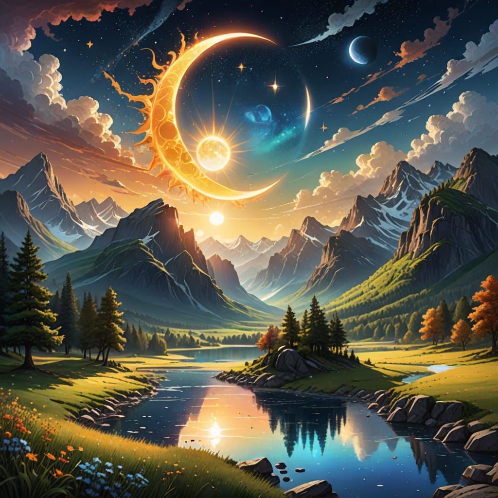 Sun and Moon Dance: Celestial Wonder Over Valley