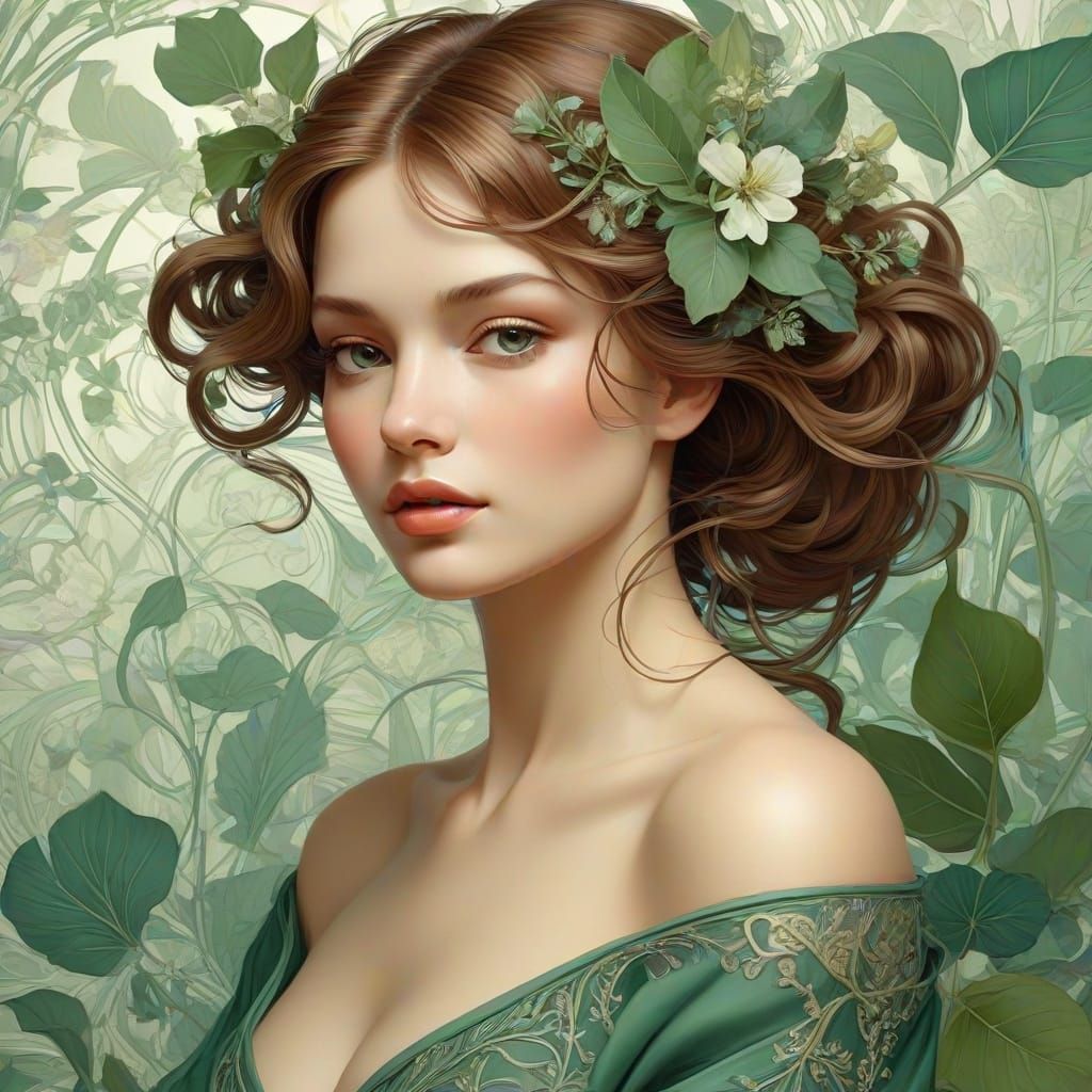 Art Nouveau Portrait of a Serene Woman with Botanical Detail...