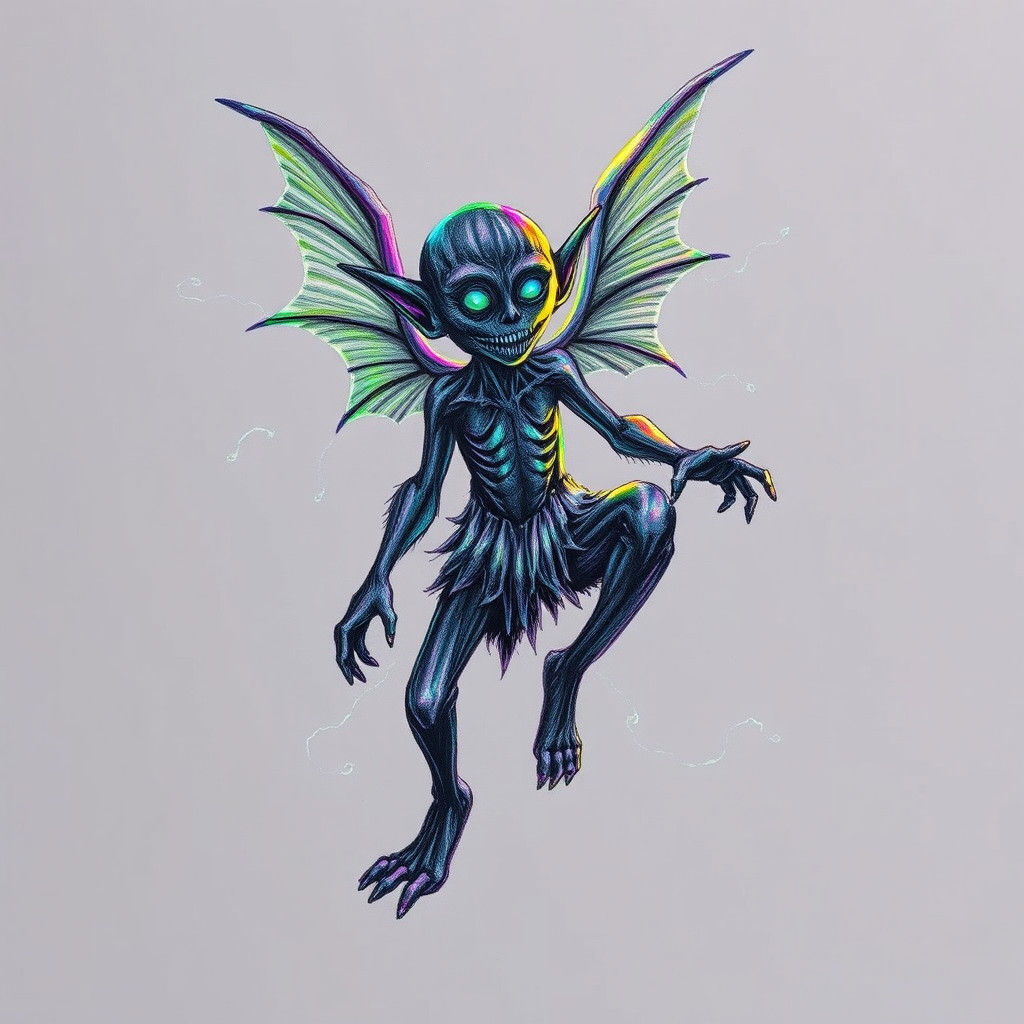 Dark Winged Elf Drawn with Iridescent Crayons