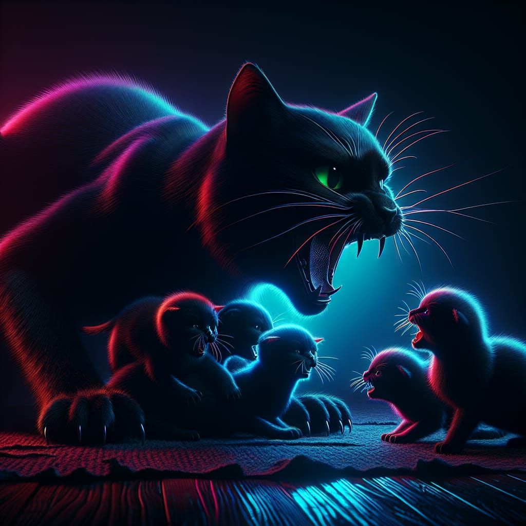 Menacing Black Cat Protecting Kittens in Hyperrealistic Styl...