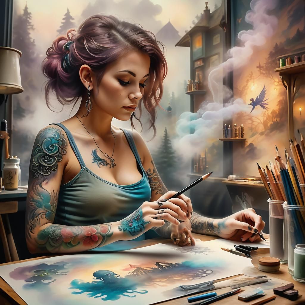 Enchanted Tattoo Artist in Fantasy Art Studio