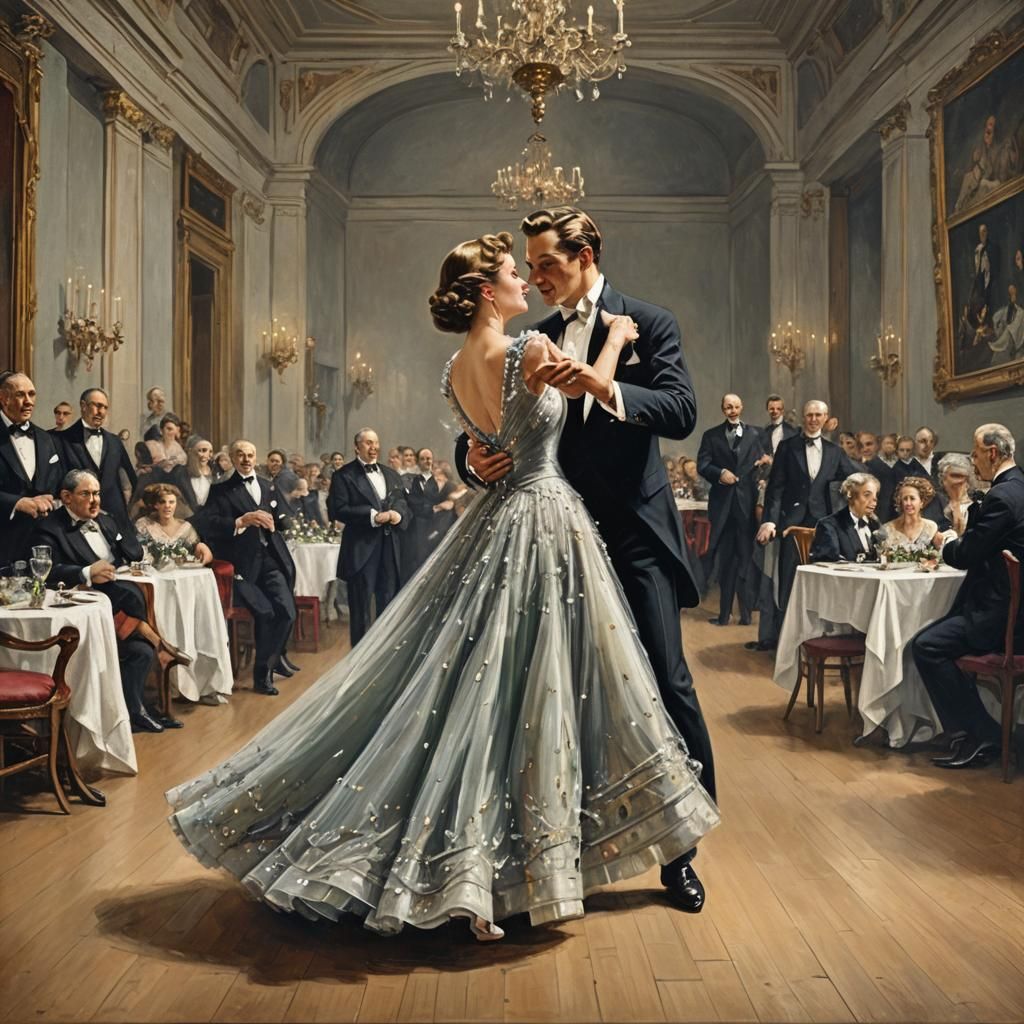 Elegant Couple Waltzing in a Ballroom