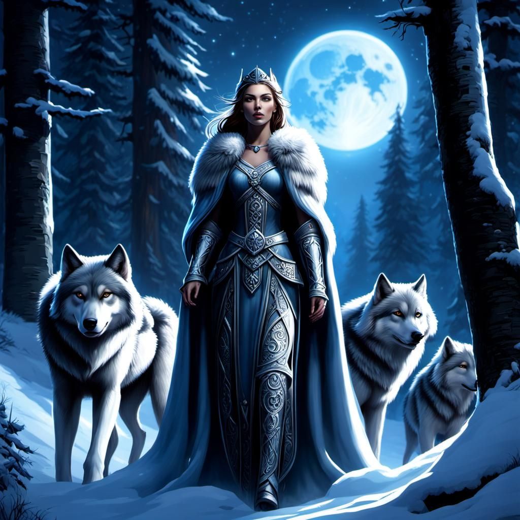 princess of an ancient Celtic clan protected by a Pack of wolves, extremely tall and large in body size, monochromatic c...