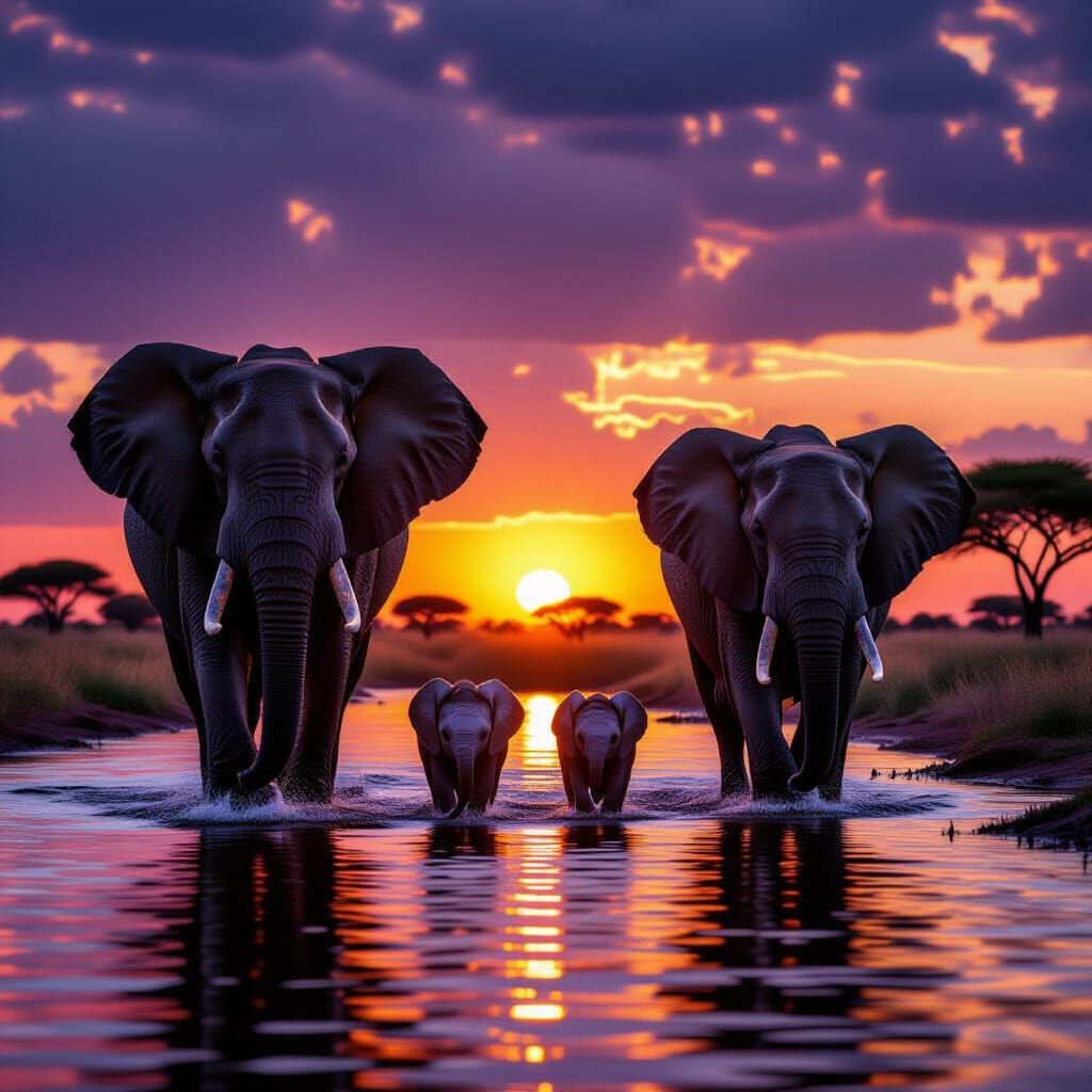 Majestic Elephant Herd at Sunset in Golden Light