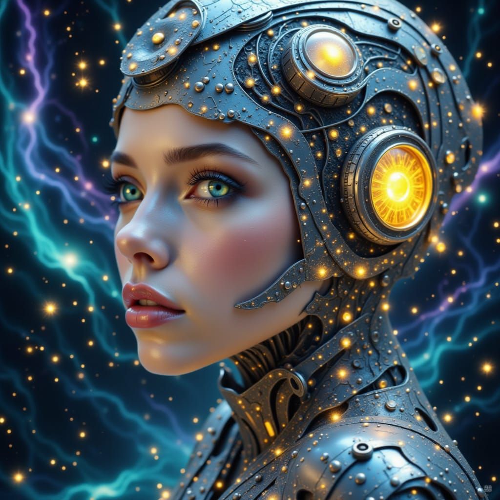 Female Cyborg Portrait with Glowing Energy Array