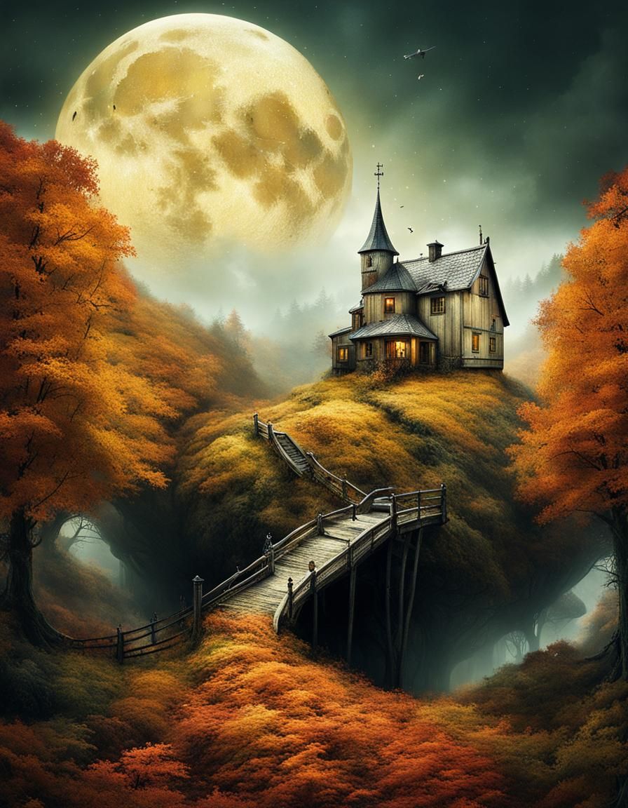 Surreal Autumn Moon Forest Village: Digital Art