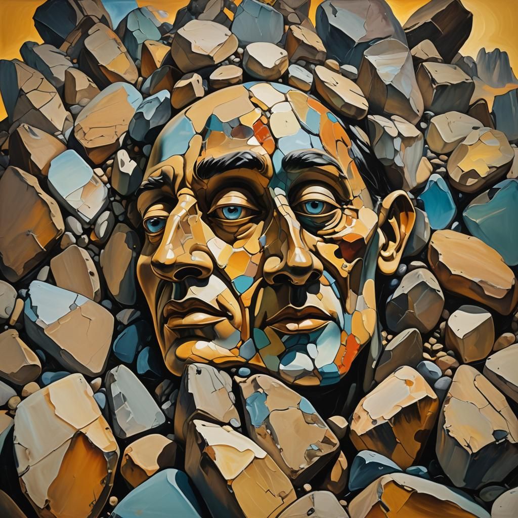 Distorted Rock Countenance in Vibrant Oil Painting