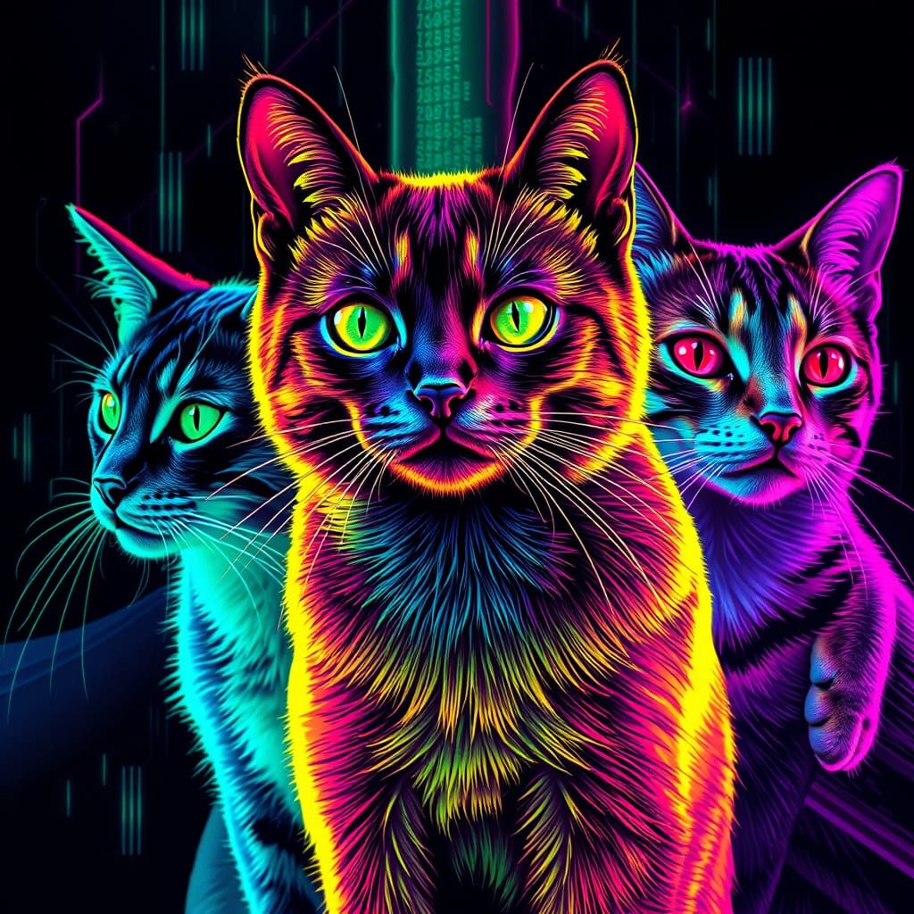 Neon Cats Collage in Black Light Poster Style