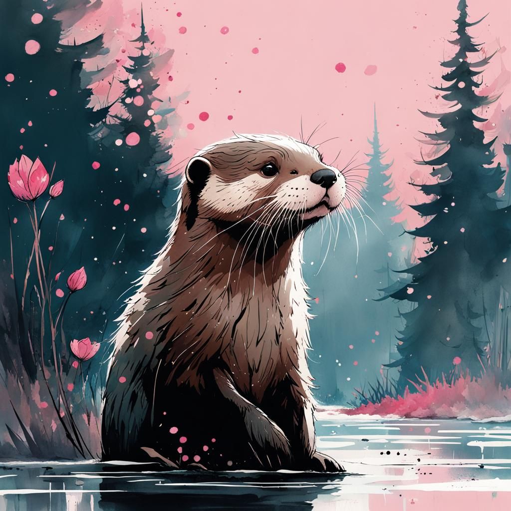 Lonely Otter Cries in Watercolor Splash Art
