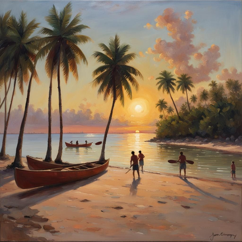 Sunset Canoes: Oil Painting Beach Scene
