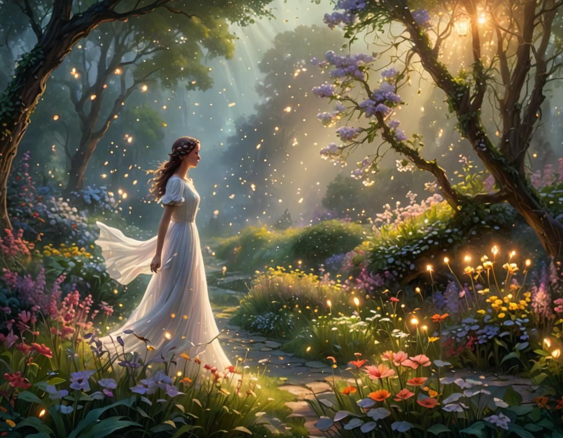 Ethereal Girl in a Flower Garden, Digital Art