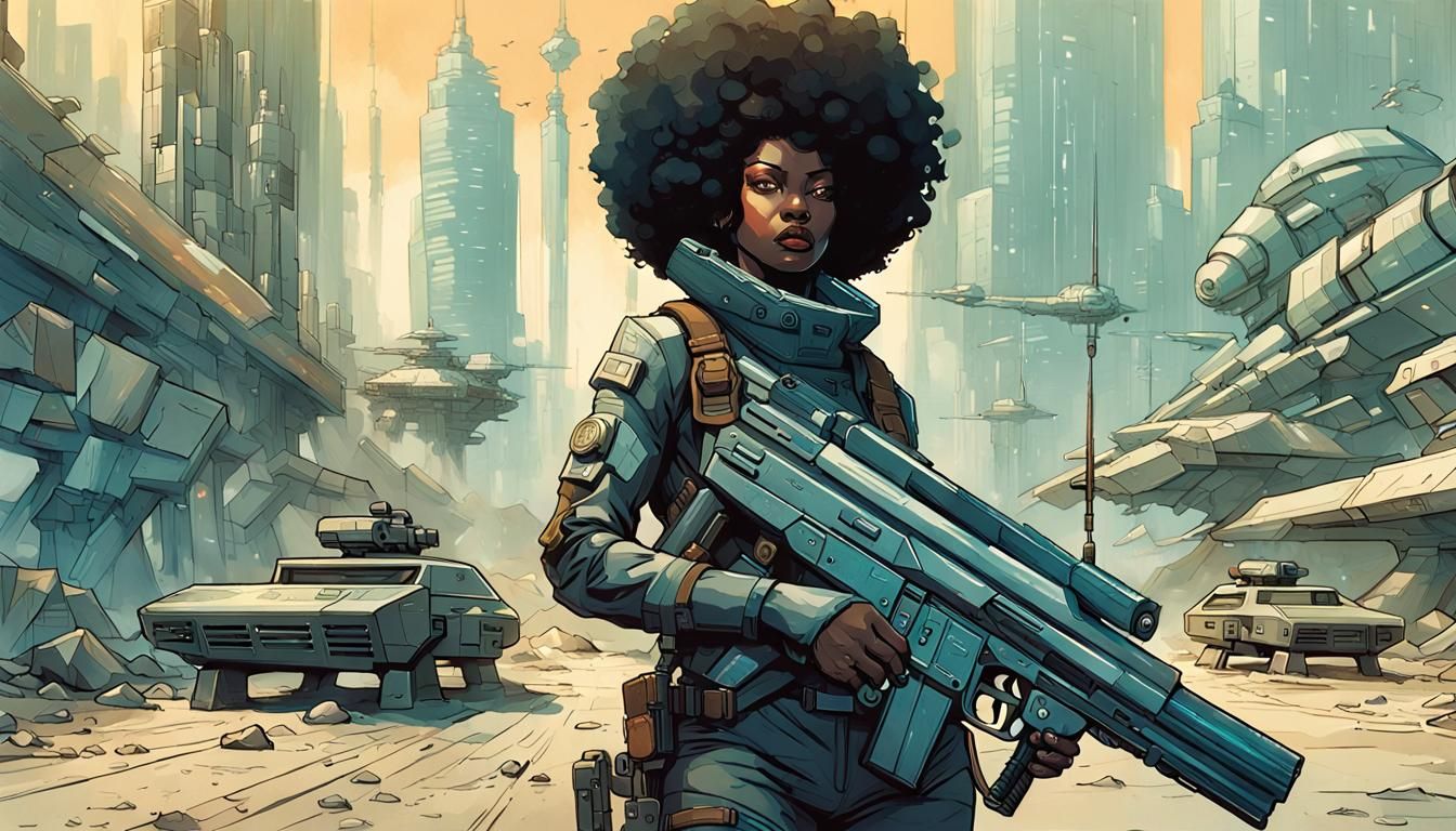 Retro-Futuristic Afro Soldier on Flying Bike