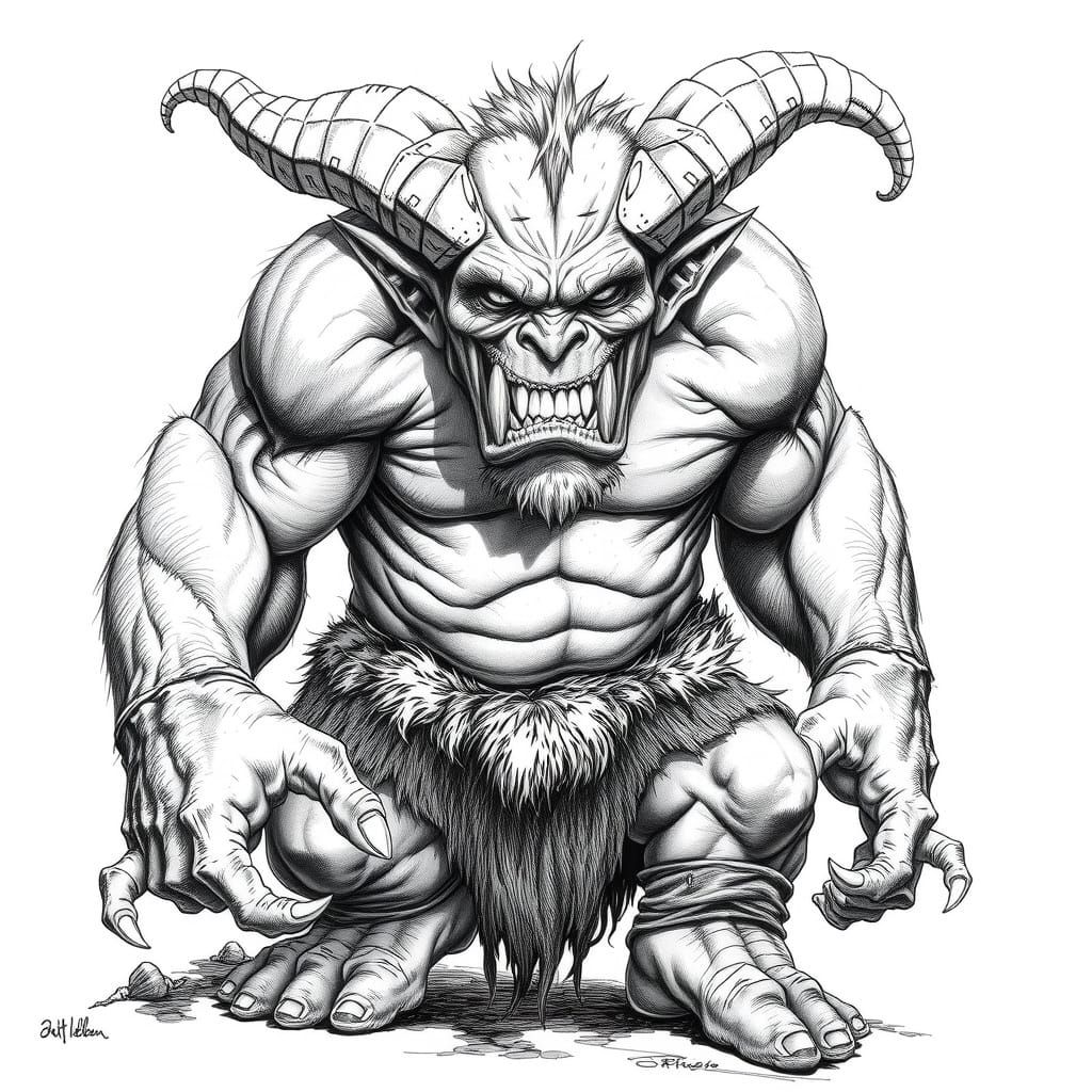 Muscular Troll Scowling, Detailed Pencil Drawing